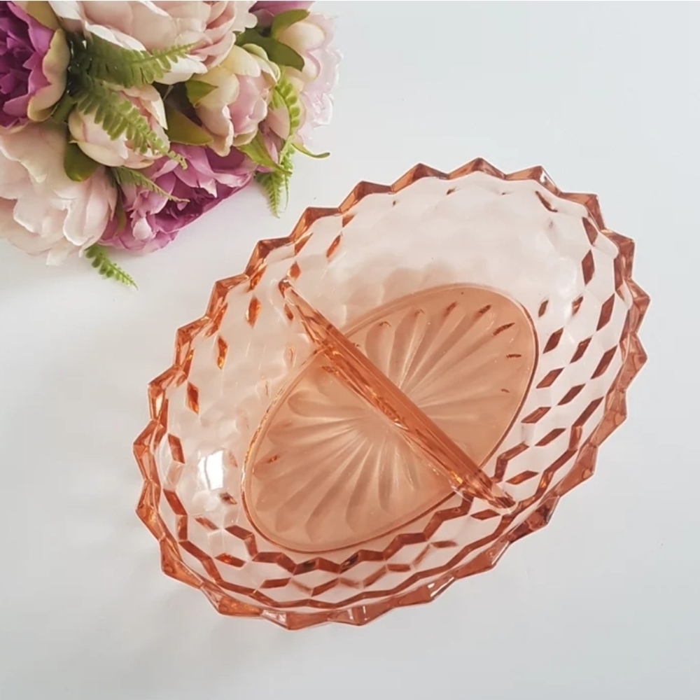 1930s Pink Depression Glass Divided Serving Dish - Jeannette Glass Cube Design